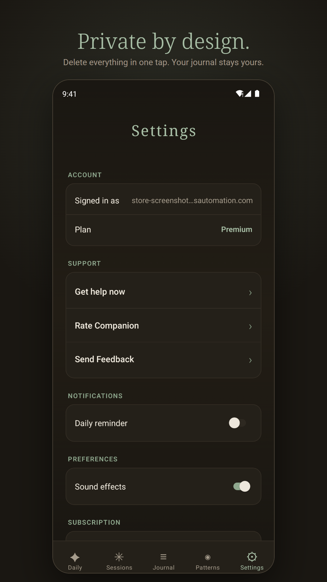 Privacy and account screen